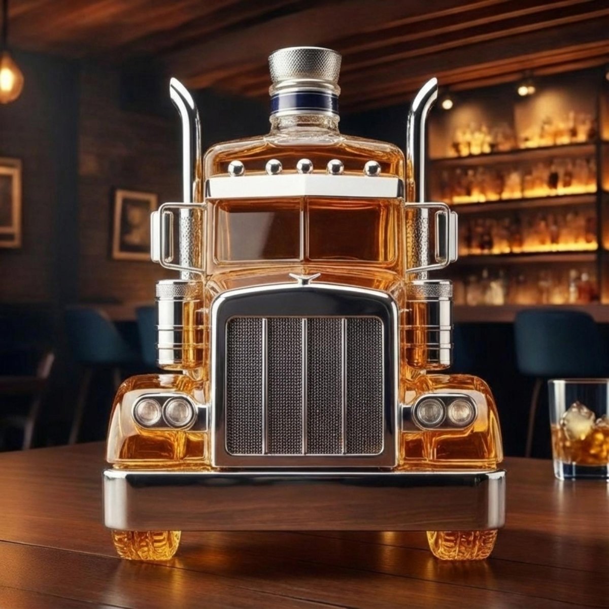 Front view of the Kouvr big rig bourbon decanter, highlighting the detailed chrome-style grill and headlights on a dark wood table in a sophisticated bar setting.