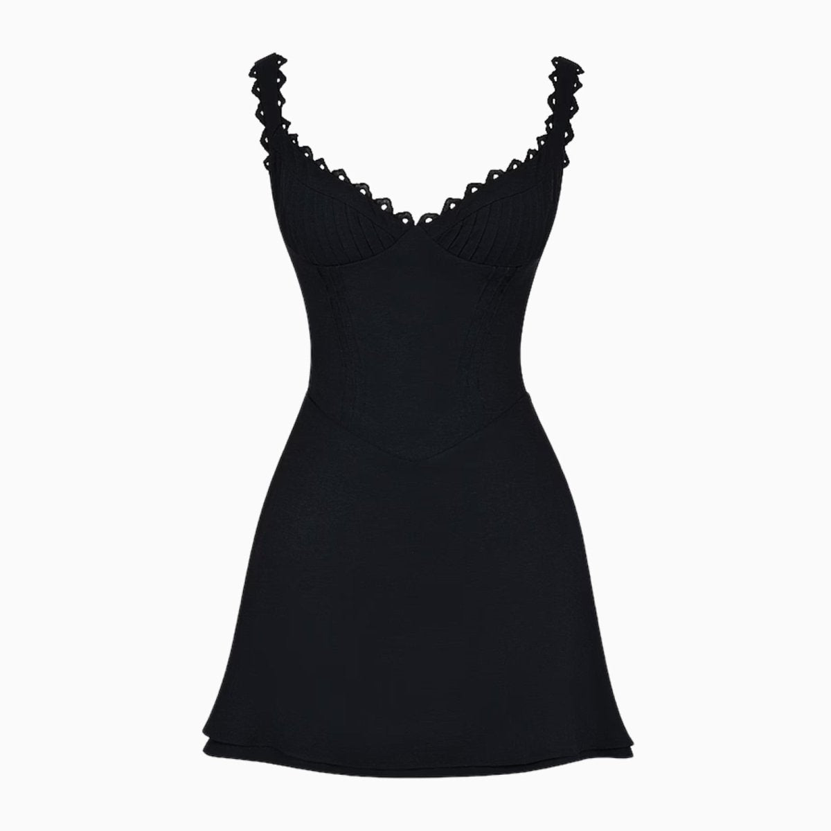 Flat lay of the Kouvr black mini dress, providing a close-up of the sweetheart neckline, ribbed bust, and structured bodice.