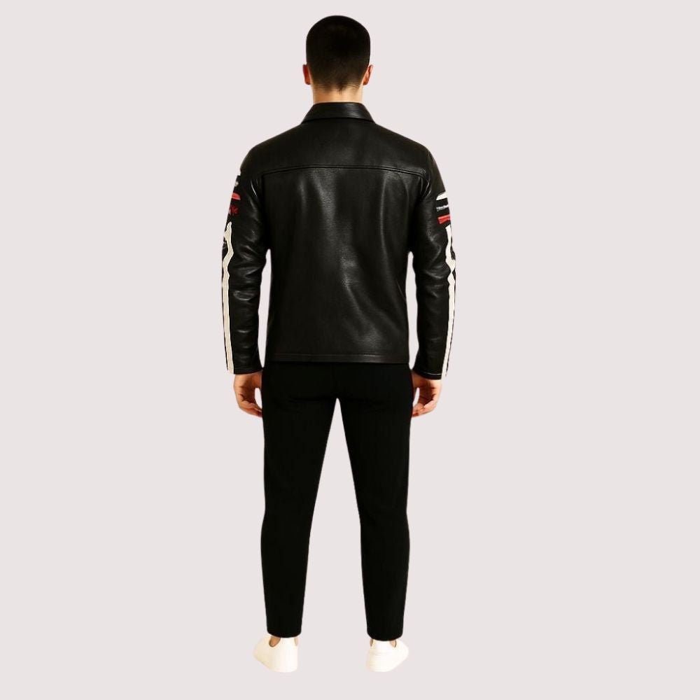 winter leather jacket, fleece lined jacket, jacket with patches, racing jacket, cafe racer jacket, black slim fit jacket