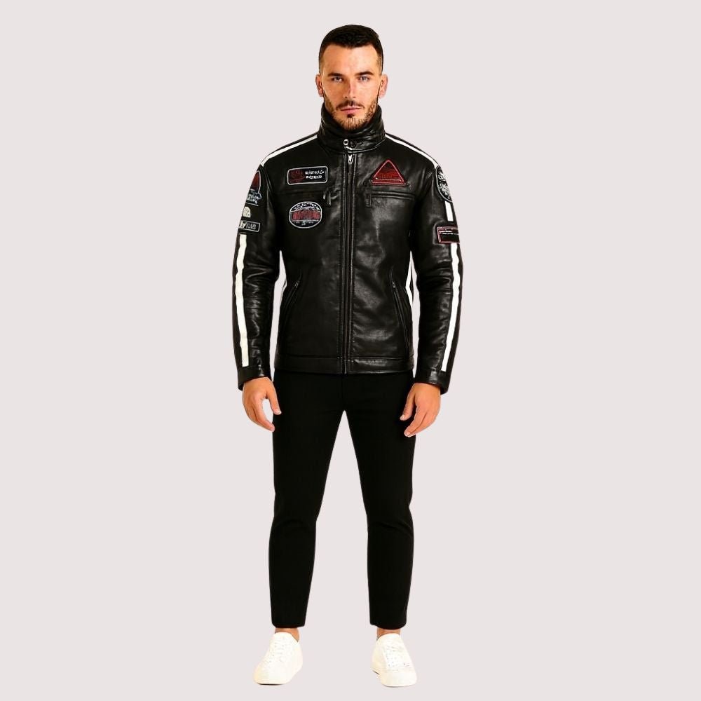 winter leather jacket, fleece lined jacket, jacket with patches, racing jacket, cafe racer jacket, black slim fit jacket