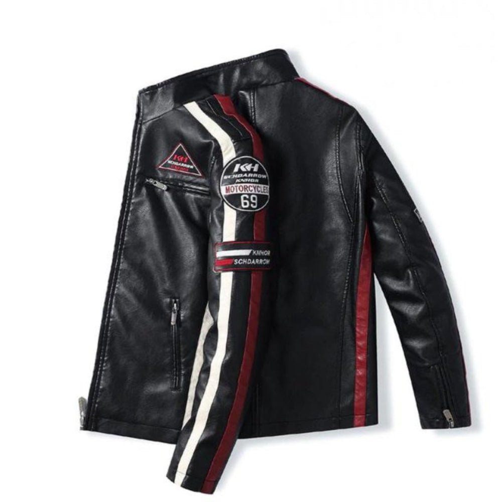 winter leather jacket, fleece lined jacket, jacket with patches, racing jacket, cafe racer jacket, black slim fit jacket.