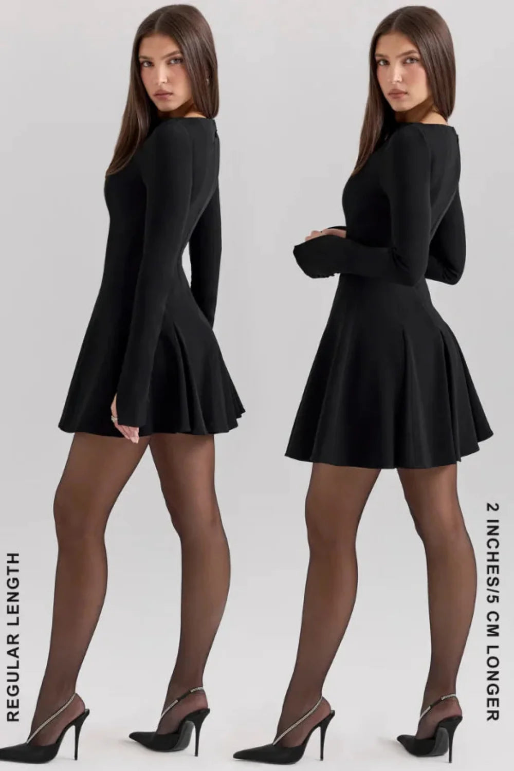 Model from behind wearing the Kouvr Fashion black long sleeve mini dress, showing the button details on the split cuffs