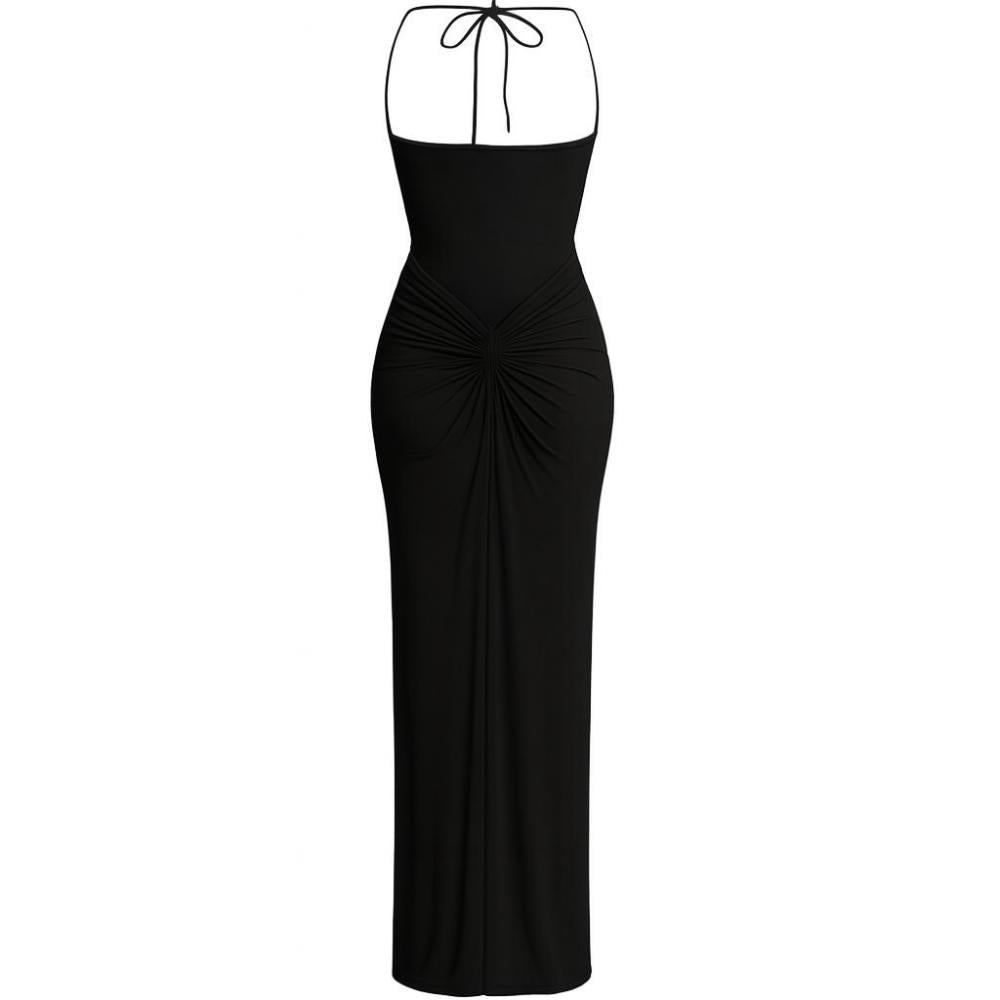 Model from behind in Kouvr black halter neck evening gown with ruching detail