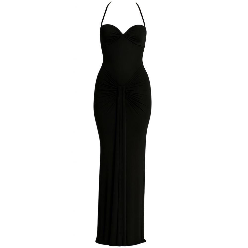 Model from behind in Kouvr black halter neck evening gown with ruching detail
