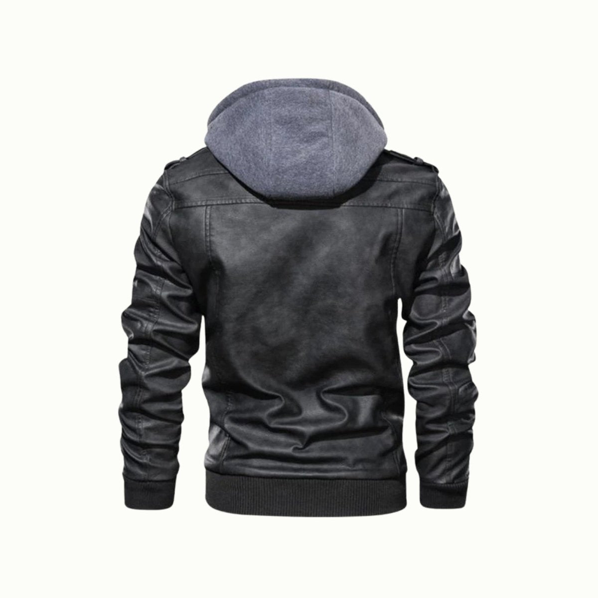 Rear product shot of the men's black hooded biker jacket showcasing the back design and texture.
