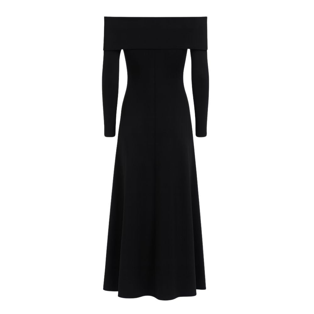 Black kouvr off-shoulder long-sleeve dress on a white background