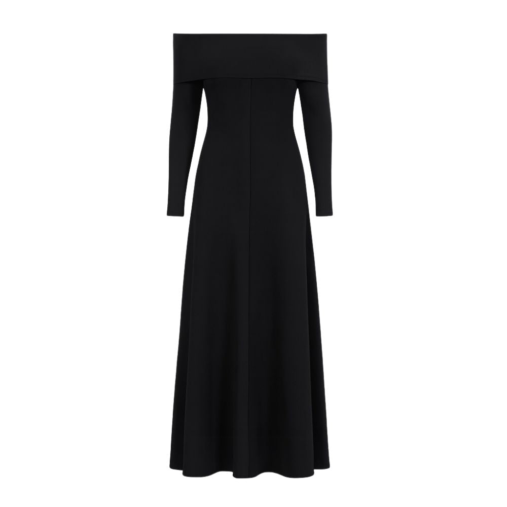 Black kouvr off-shoulder long dress on a white background