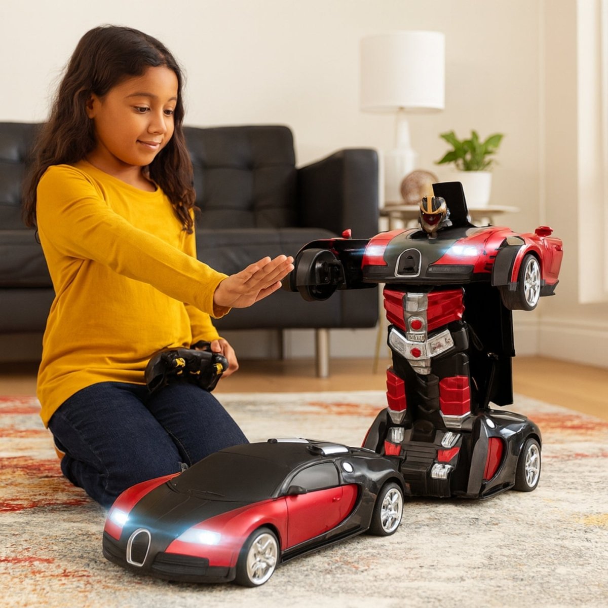 Child playing with a toy car that transforms into a robot in a living room.