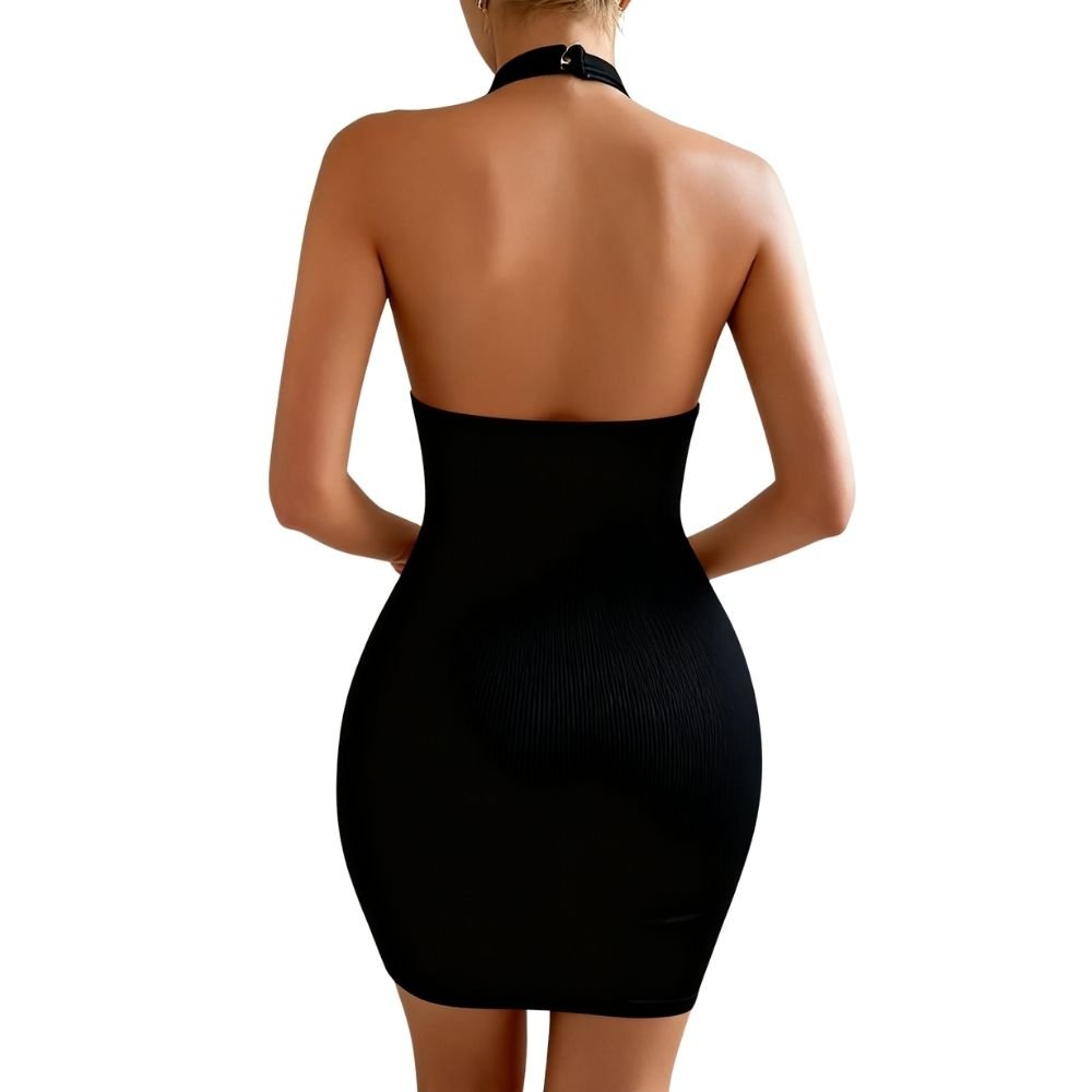 Black kouvr strapless dress on a white background