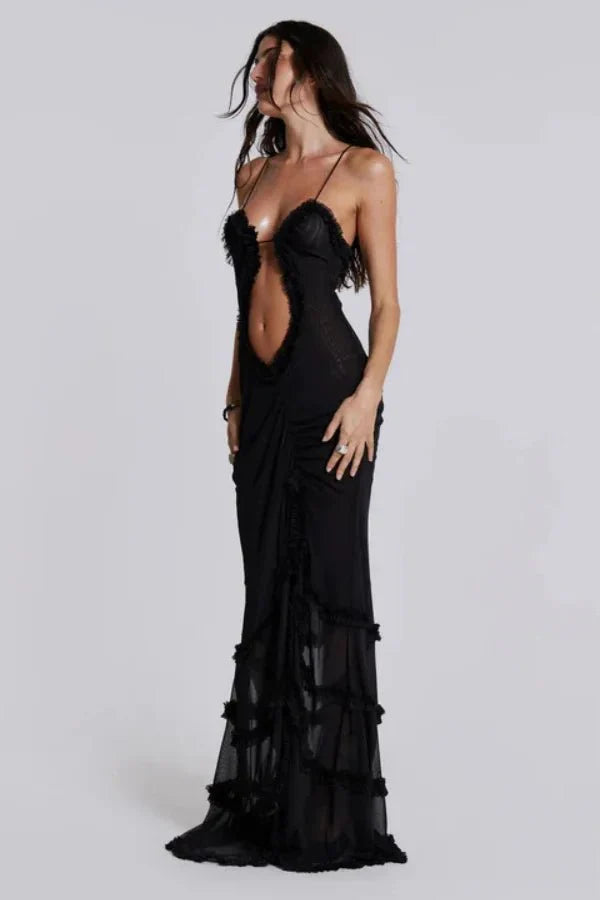 Weave semantically related terms like "plunging neckline", "gothic romance", "statement silhouette", "mermaid hem", and "avant-garde" into the product page copy to build topical authority