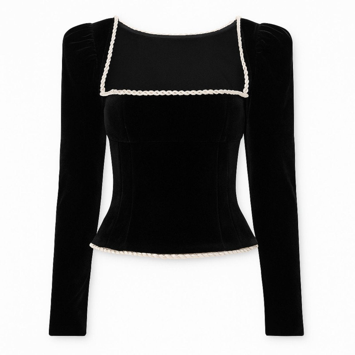 Black kouvr long-sleeve top with white trim on a white background