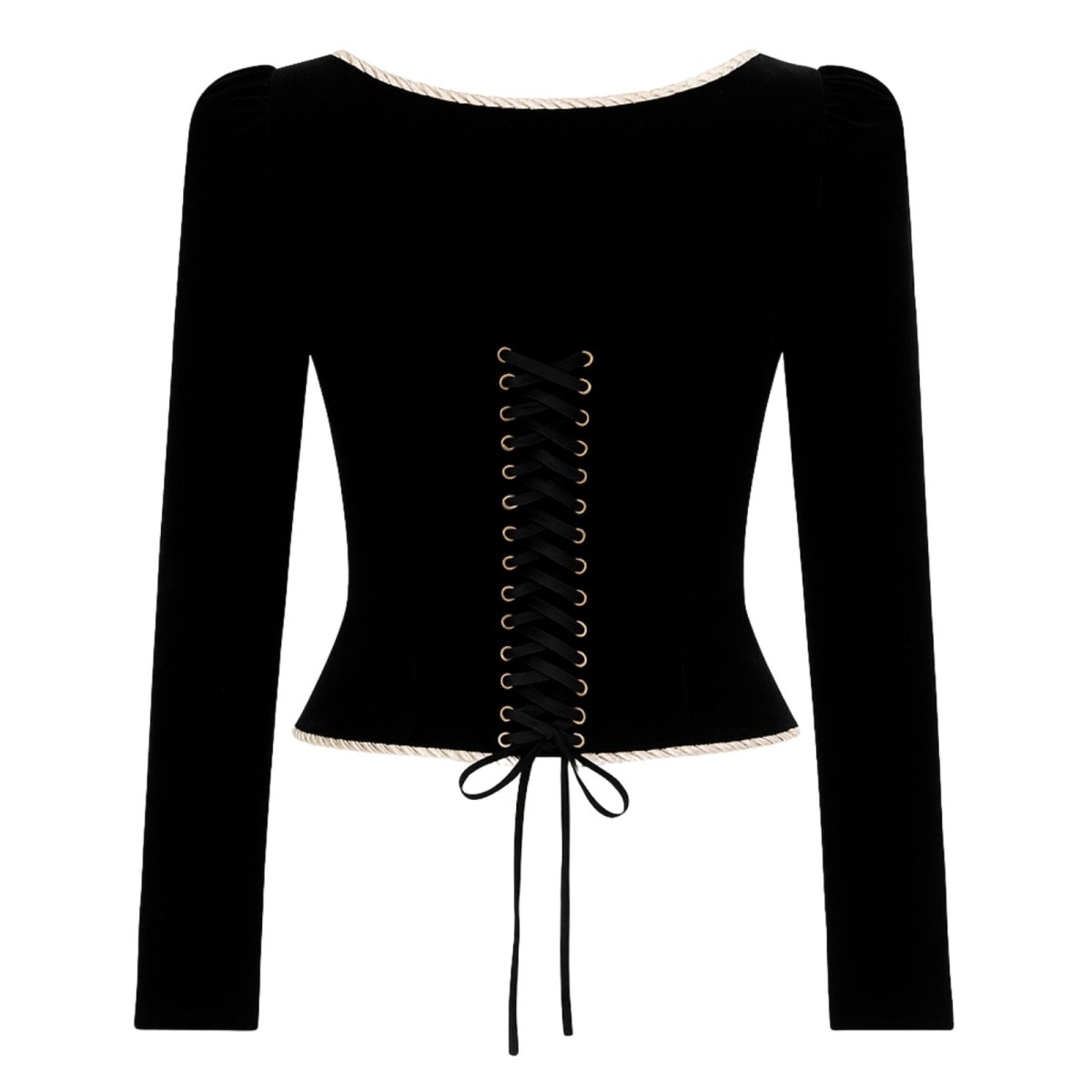 Black kouvr long-sleeve top with front lace-up design on a white background