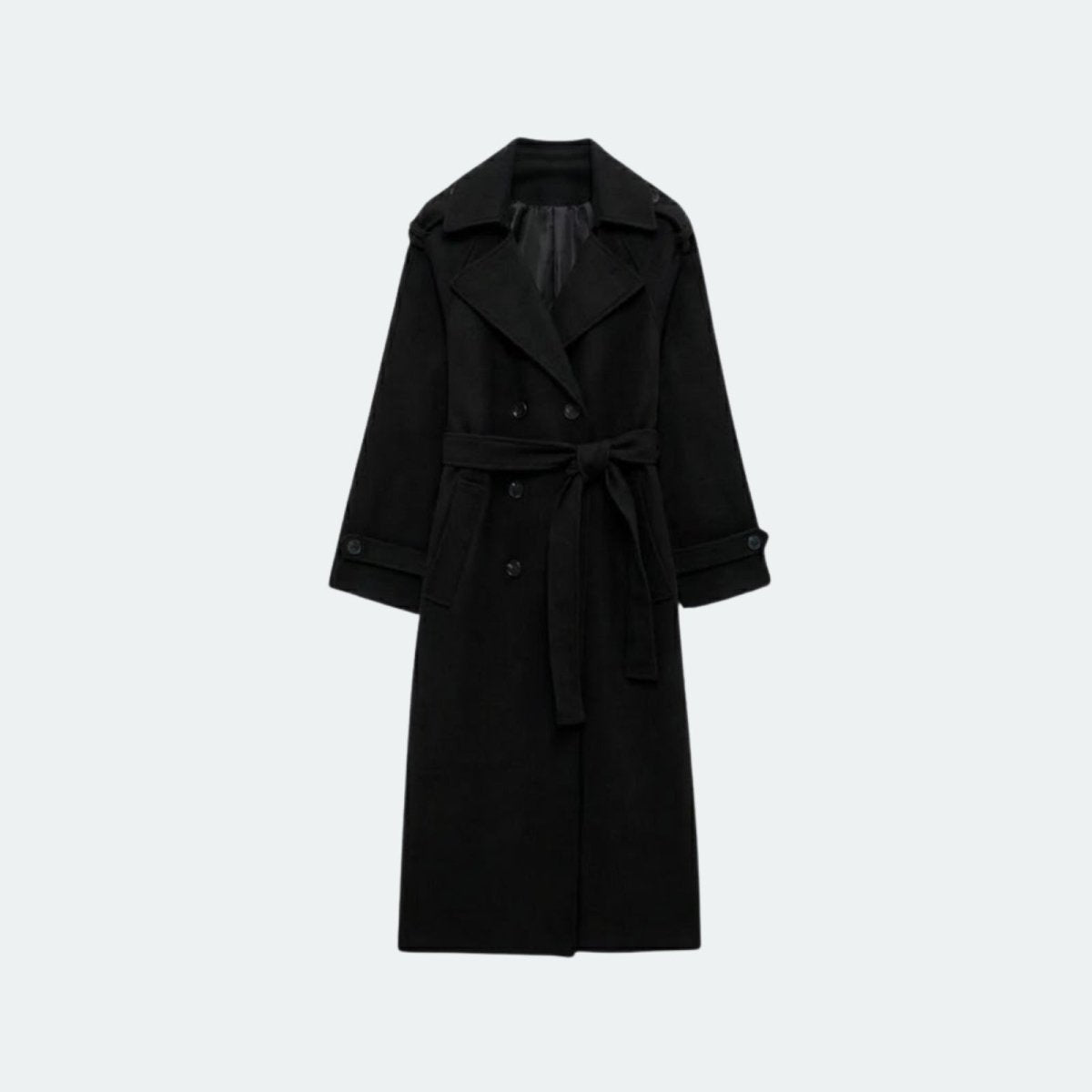 Flat lay of the Kouvr double-breasted black wool trench coat with the belt tied, showcasing the wide lapels and button details.