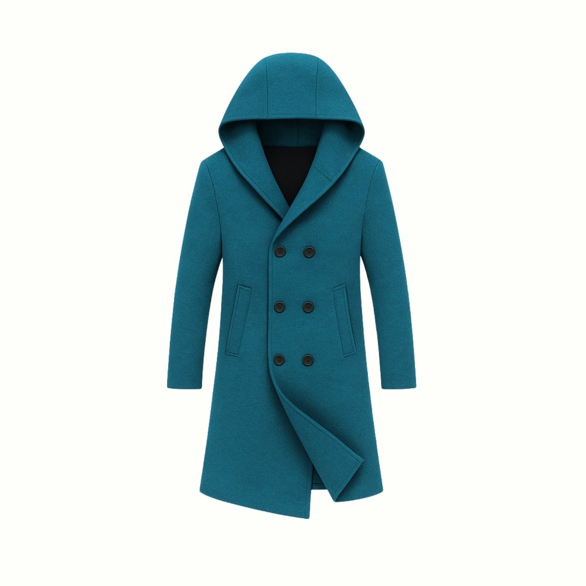 Close-up detail of the wide lapel, hood, and premium wool texture on the Kouvr Blue men's coat.