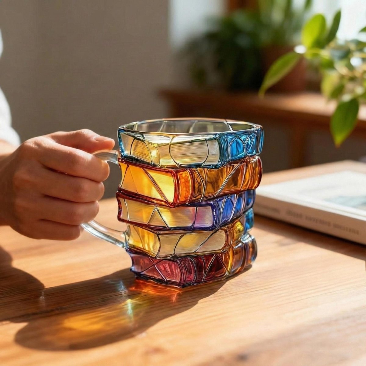 A person holding the colorful stained glass book lover mug, with morning light shining through it.