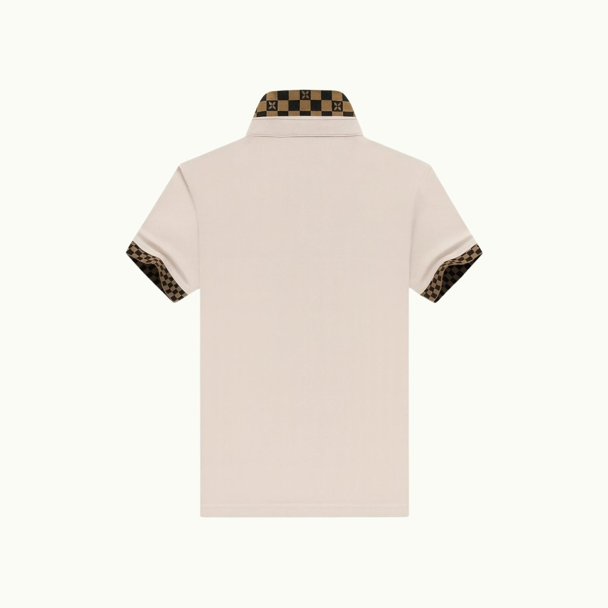 Back view of the Kouvr pink polo shirt on a white background, displaying the clean design and checkered collar detail.