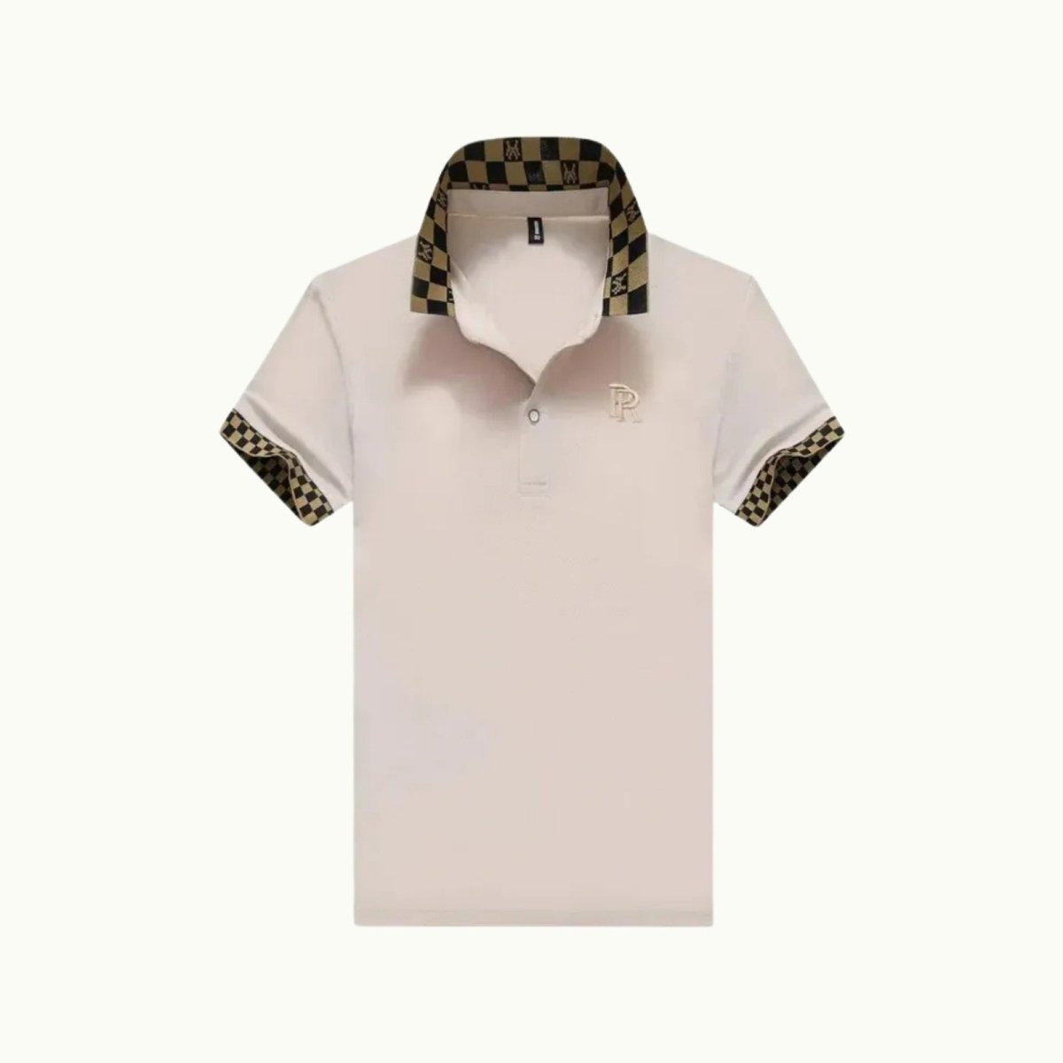 Flatlay product shot of the Kouvr pink polo shirt with its signature black and gold monogram check collar and embroidered chest logo.