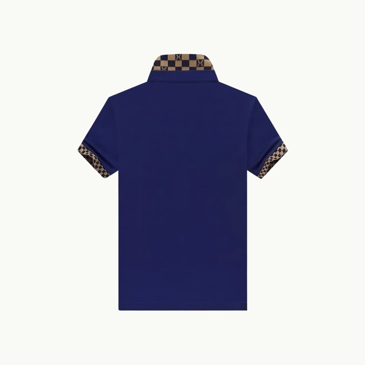Back view flat lay of the Kouvr Regent polo, displaying the full checkered collar design against the navy blue Pima cotton fabric.