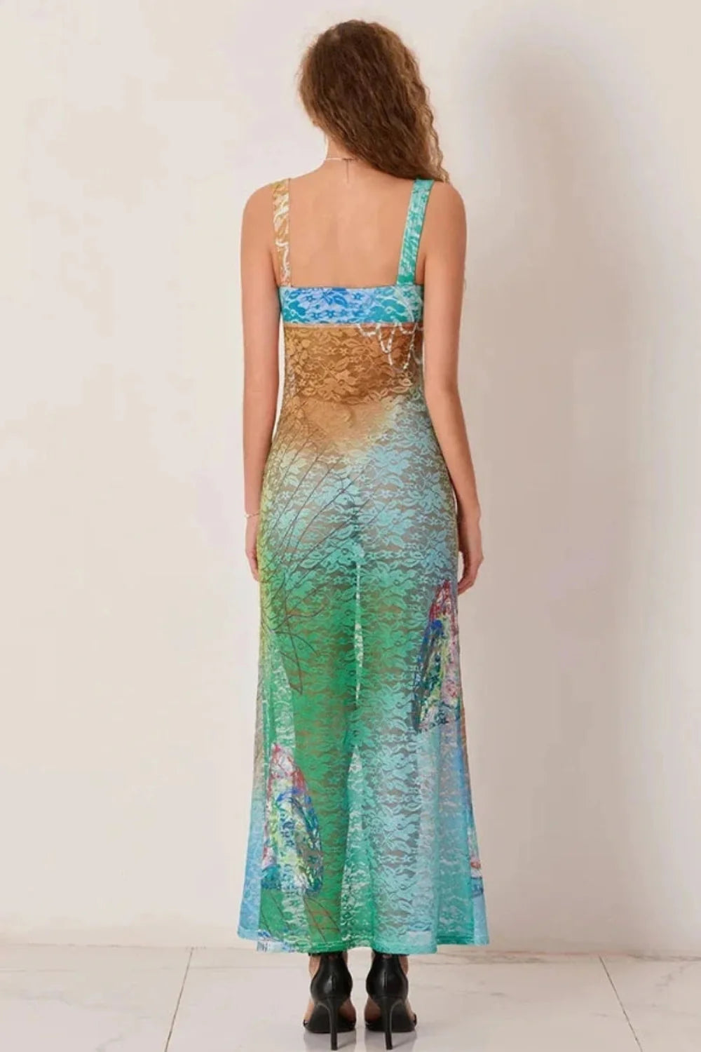 artistic print dress, watercolor dress, mesh gown, second-skin dress, bustier top maxi, statement occasion wear, luxury resort wear, gallery opening dress.