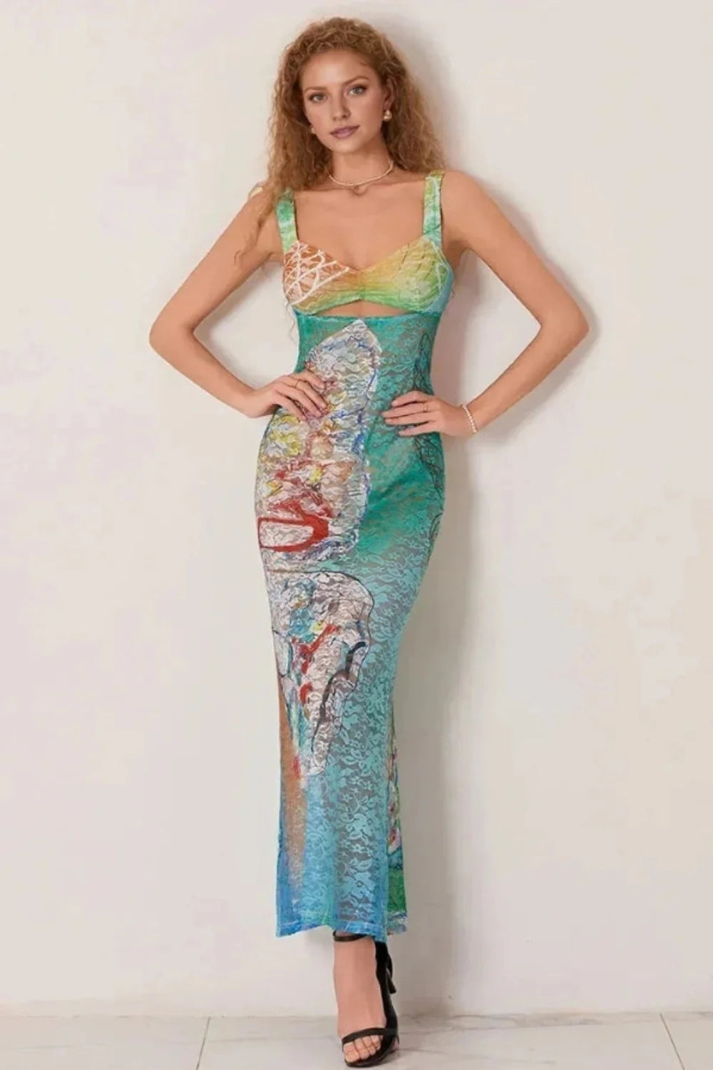 artistic print dress, watercolor dress, mesh gown, second-skin dress, bustier top maxi, statement occasion wear, luxury resort wear, gallery opening dress.