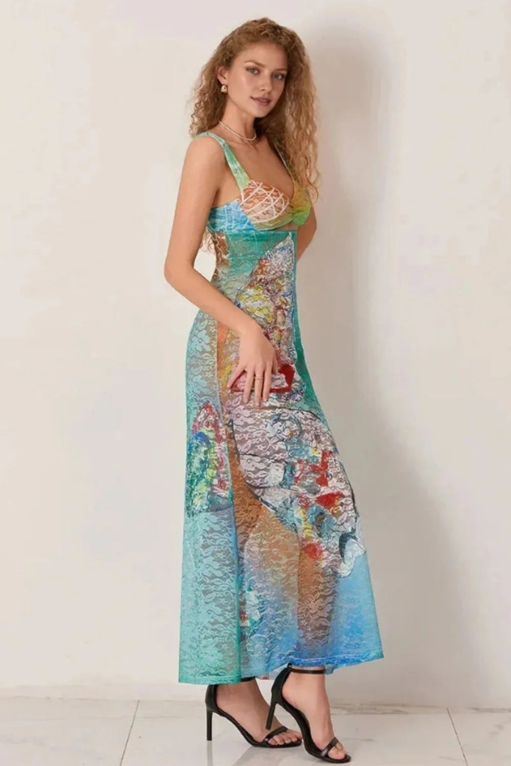 artistic print dress, watercolor dress, mesh gown, second-skin dress, bustier top maxi, statement occasion wear, luxury resort wear, gallery opening dress.