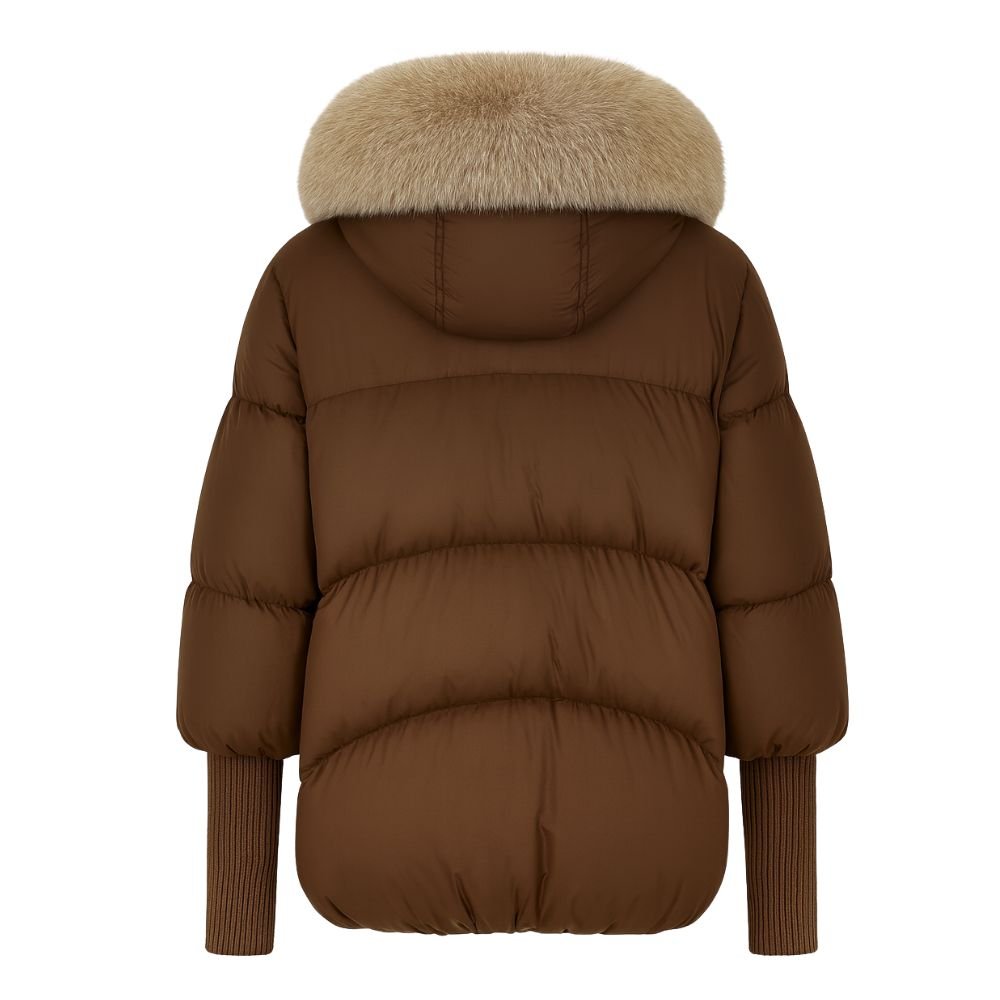 Brown kouvr puffer jacket with fur hood on a white background