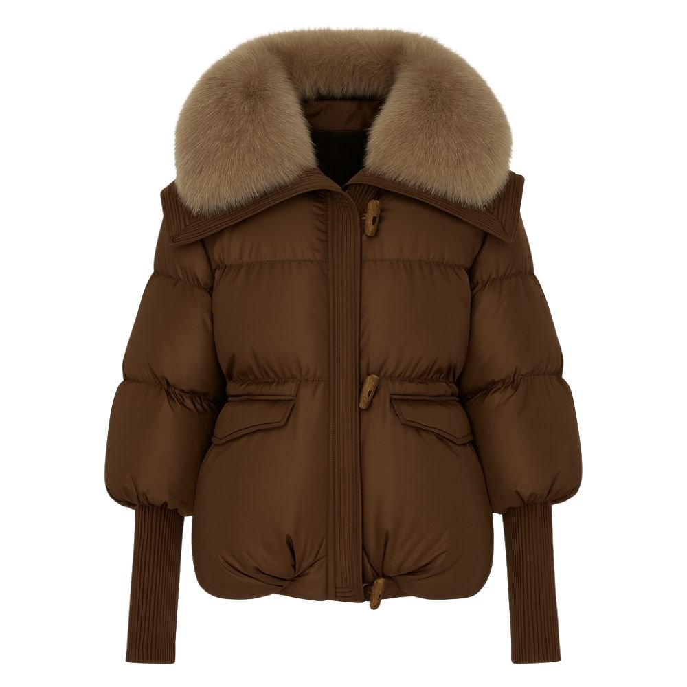 Brown kouvr puffer jacket with fur collar on a white background