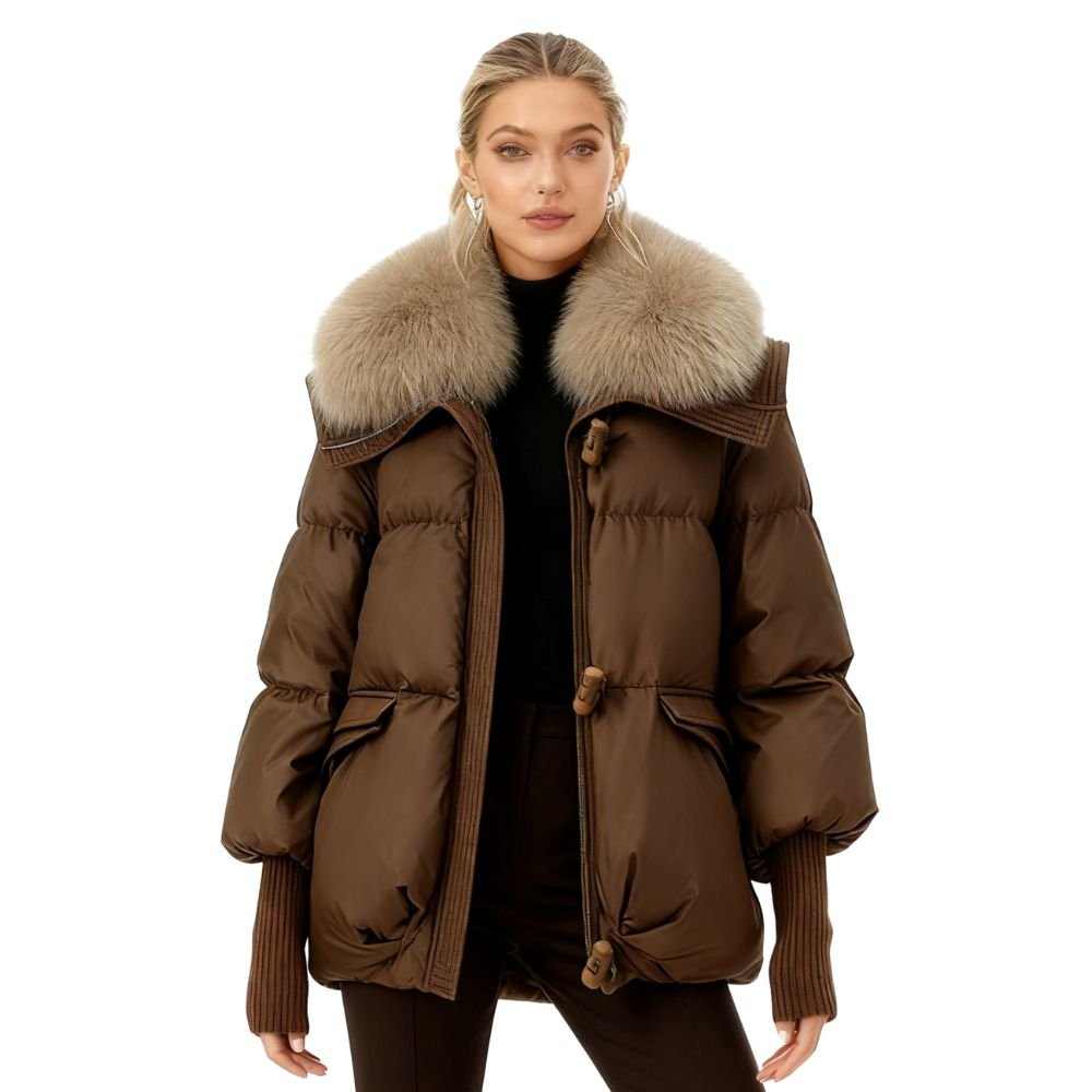 Brown kouvr puffer jacket with fur collar worn by a model on a white background