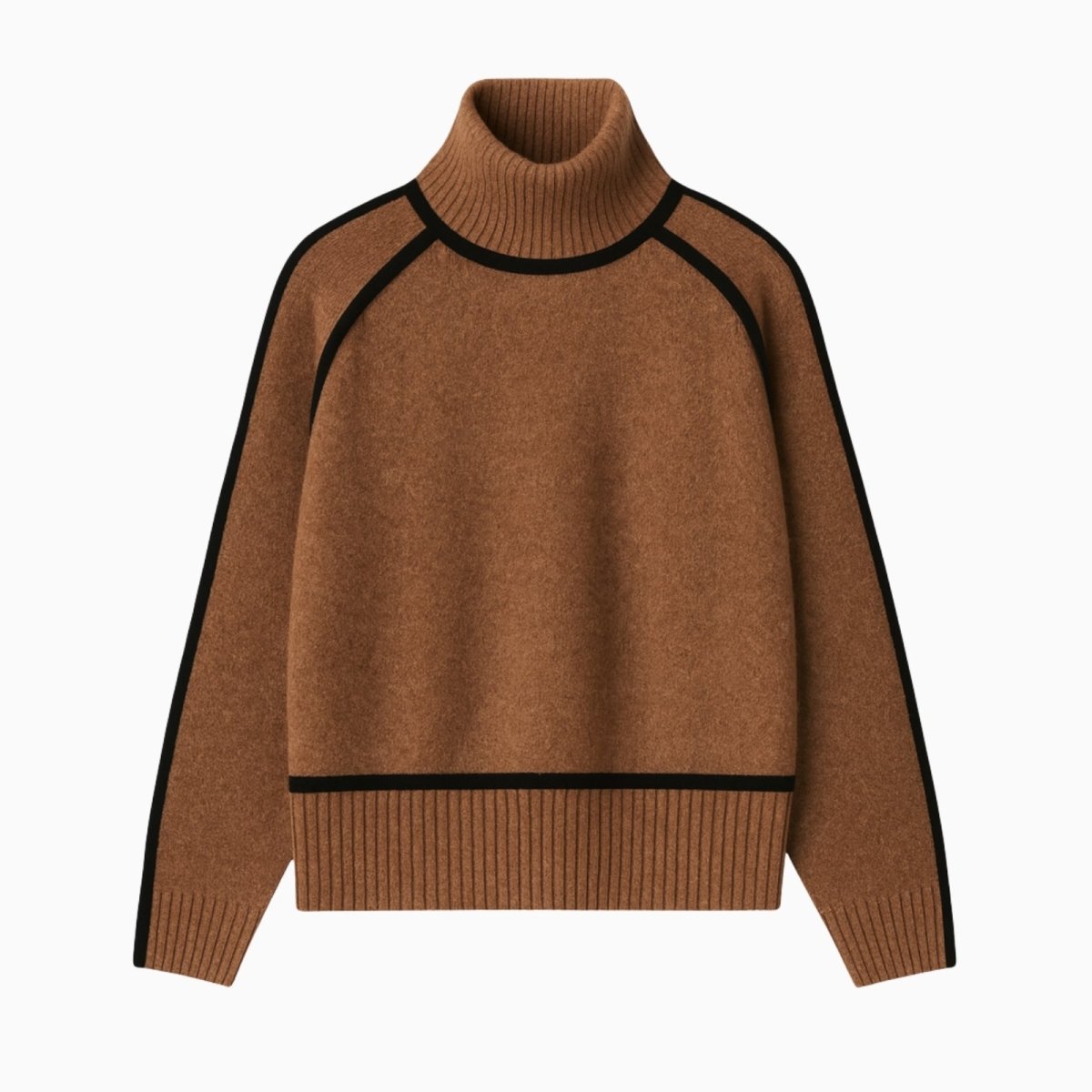 Front view of the brown wool turtleneck sweater with black contrast trim laid flat on a white background.