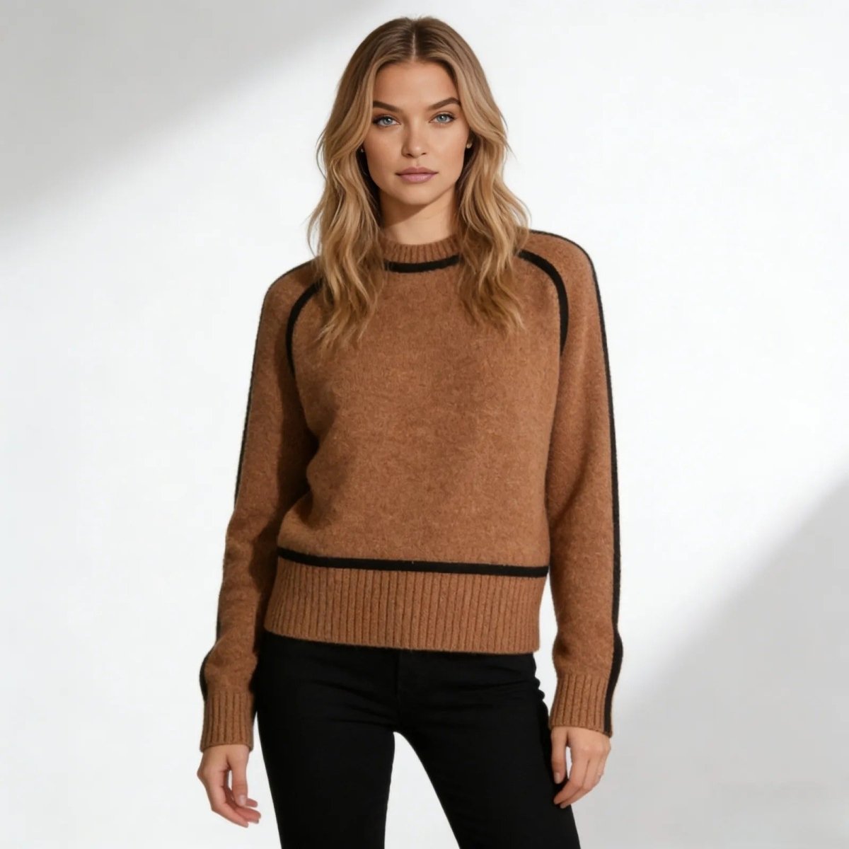 Model wearing the Kouvr brown wool turtleneck sweater with black piping detail, paired with black pants.