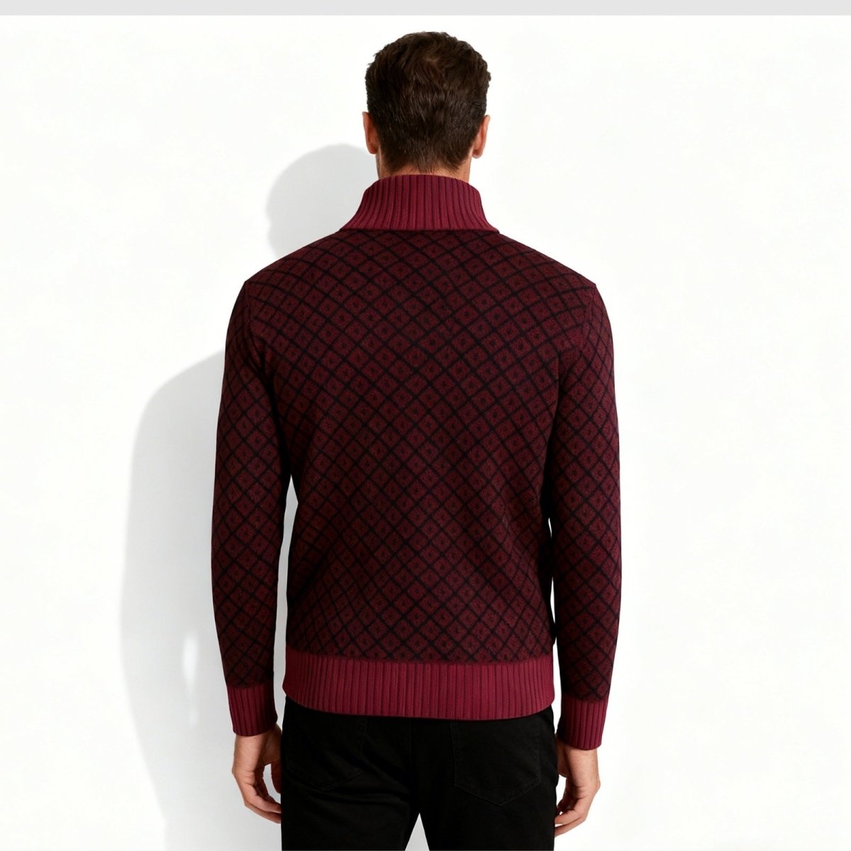 Back view of the Kouvr Asti men's full-zip sweater showing the continuous burgundy and black diamond jacquard pattern.