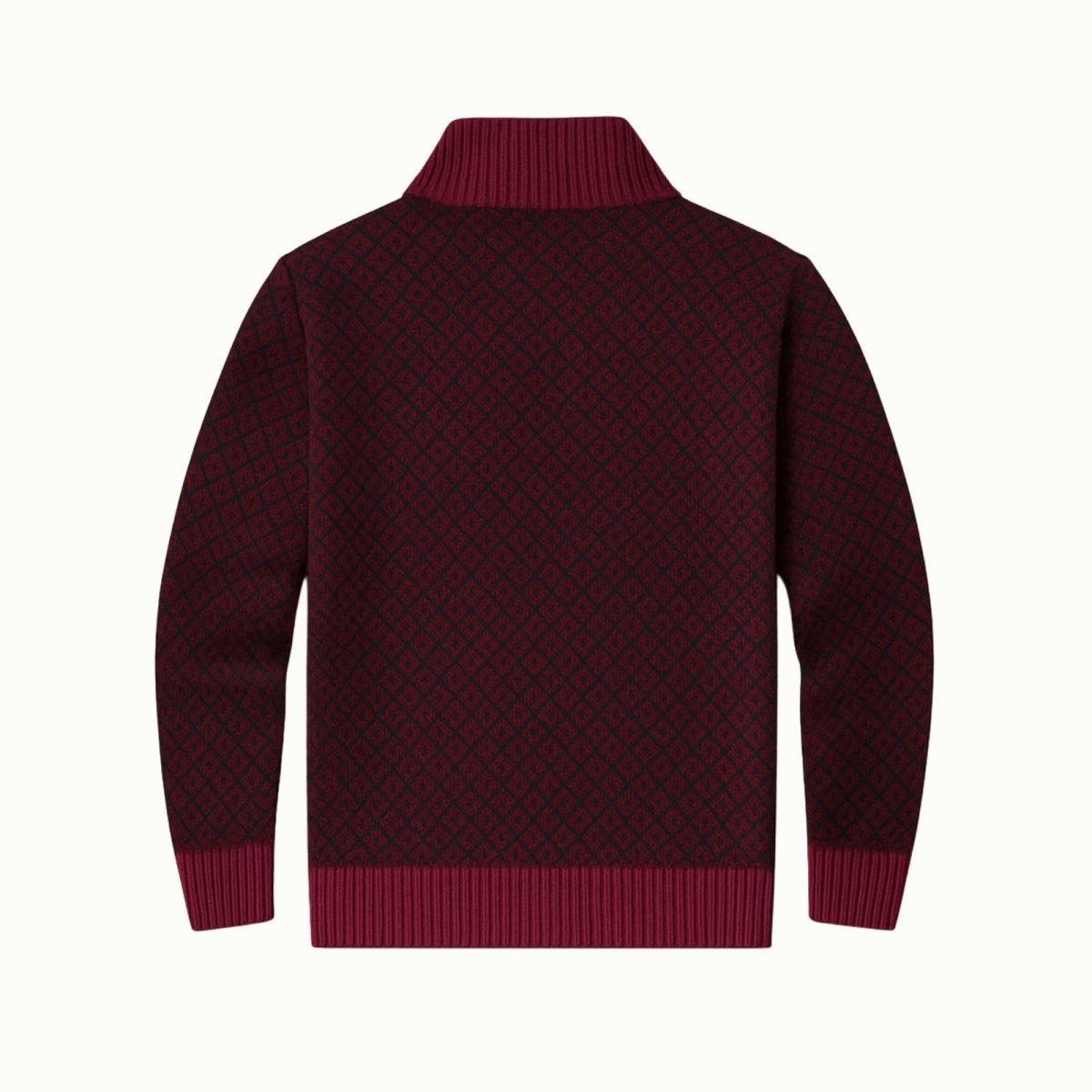 Flatlay product photo of the back of the Kouvr Asti men's burgundy jacquard knit sweater, showing the full pattern and ribbed hem.