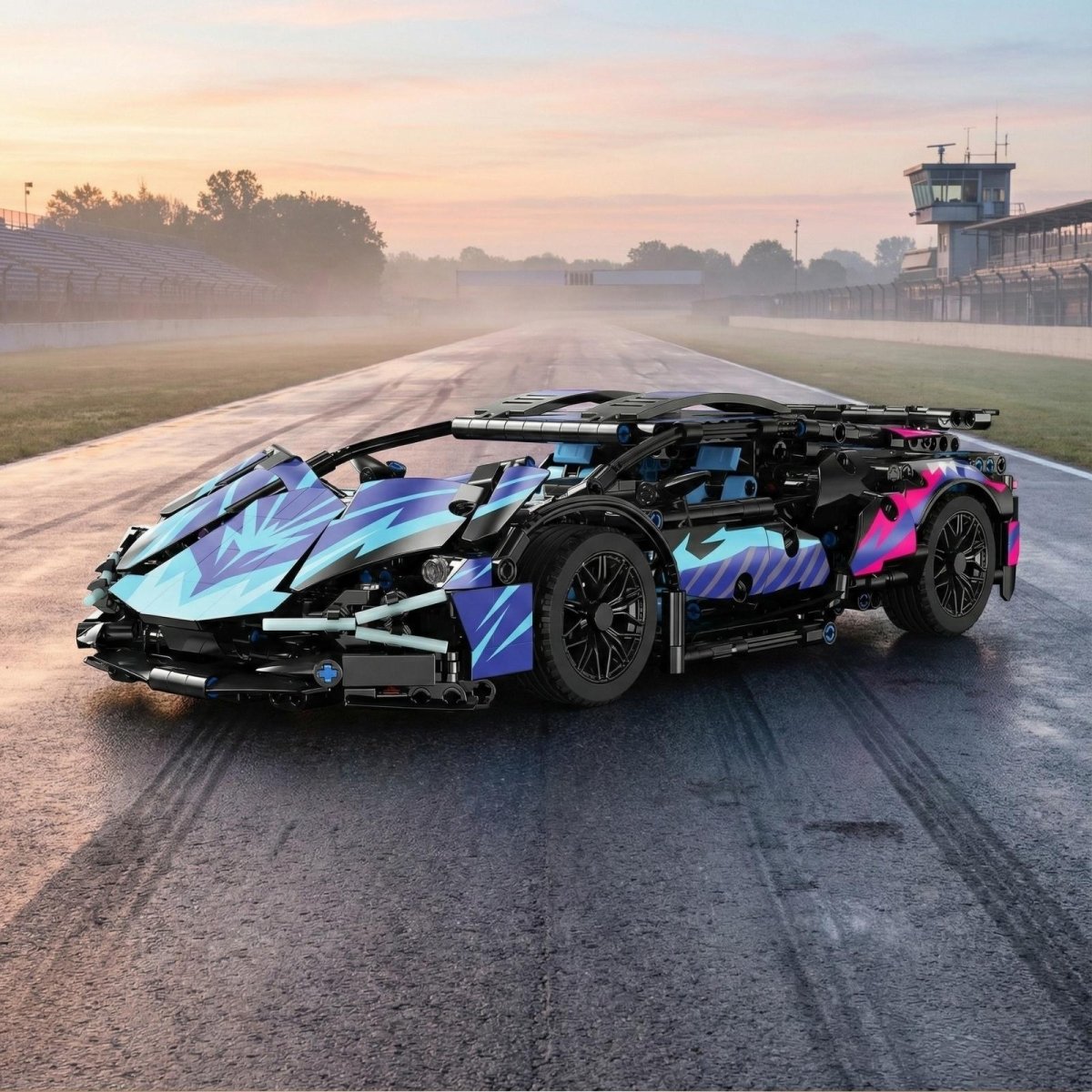 Side profile of the Kouvr RC supercar toy on a racetrack at dawn, showcasing its sleek, aerodynamic design and custom graphics.