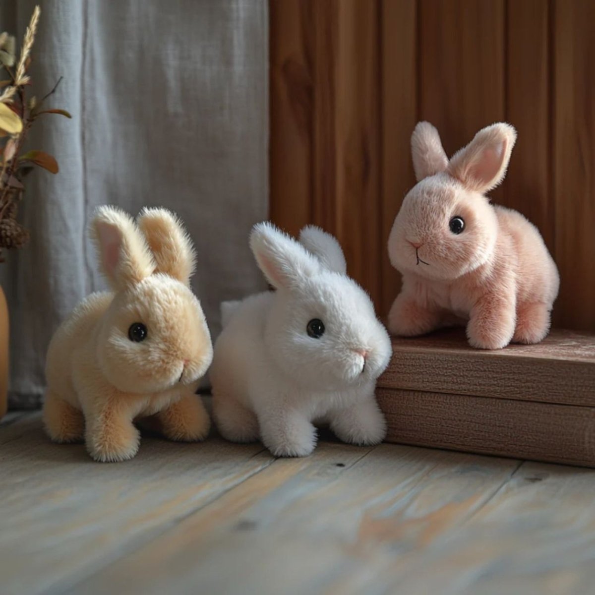 Three plush rabbit toys on a wooden surface with a neutral background
