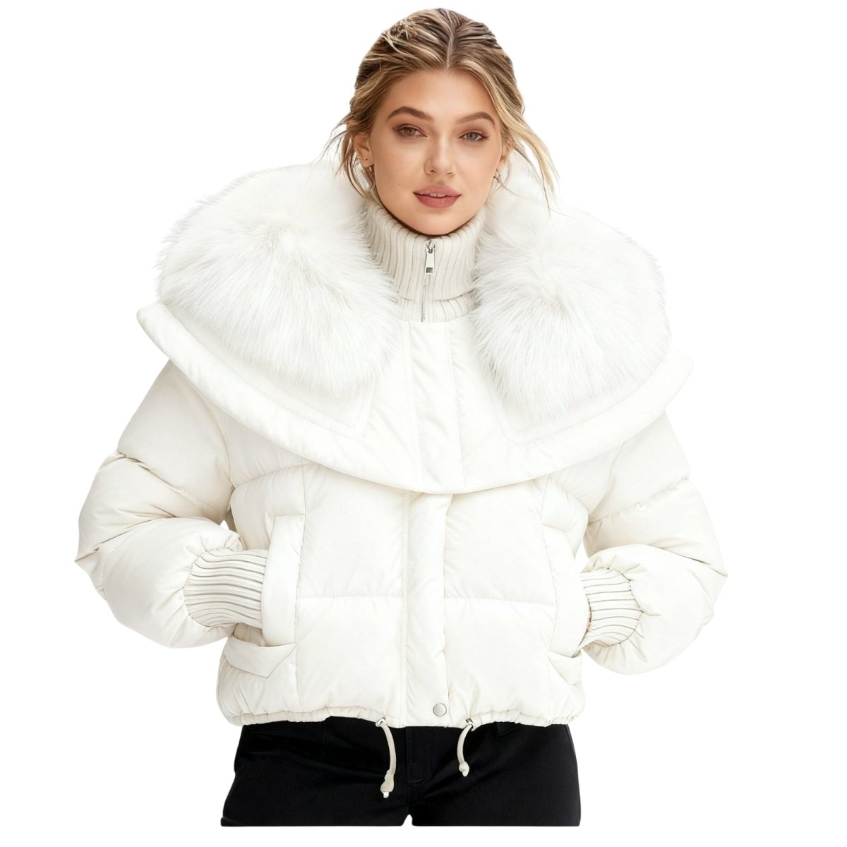 Woman wearing a white Kouvr puffer jacket on a white background
