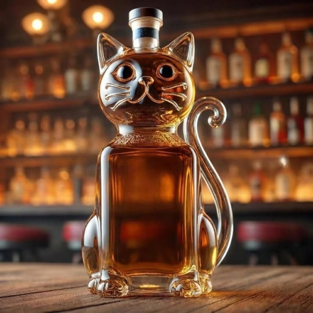 Handcrafted glass cat whiskey decanter with an airtight stopper, displayed on a wooden bar top.