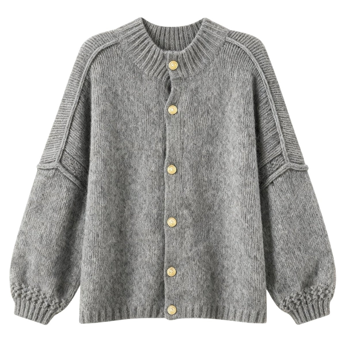 Gray Kouvr knitted cardigan with gold buttons on a white background