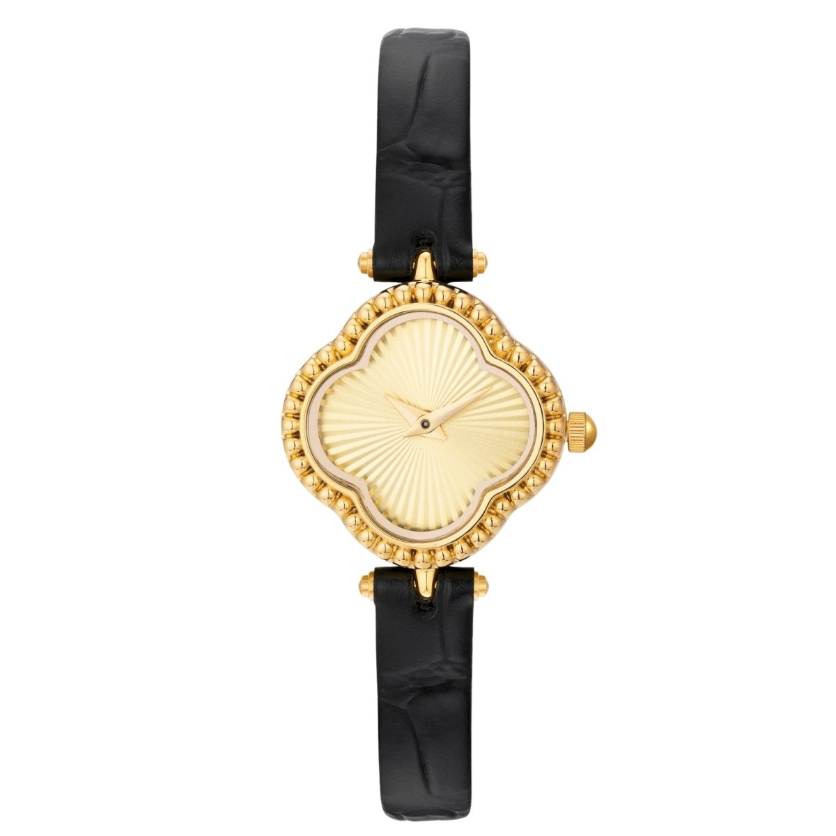 Gold Kouvr watch with black strap on a white background