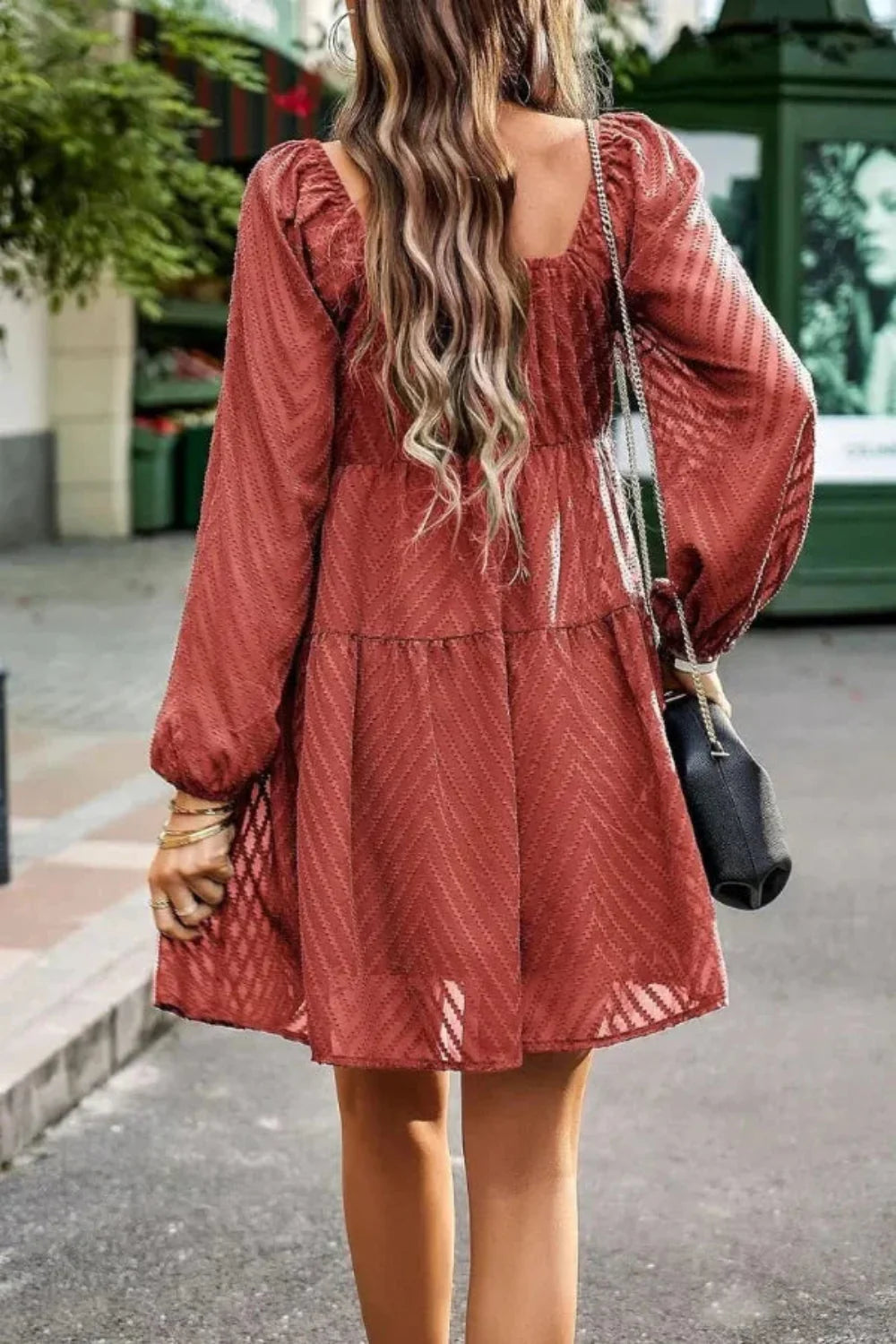 bishop sleeve', 'babydoll silhouette', 'rust color dress', 'cottagecore aesthetic', 'autumnal outfit