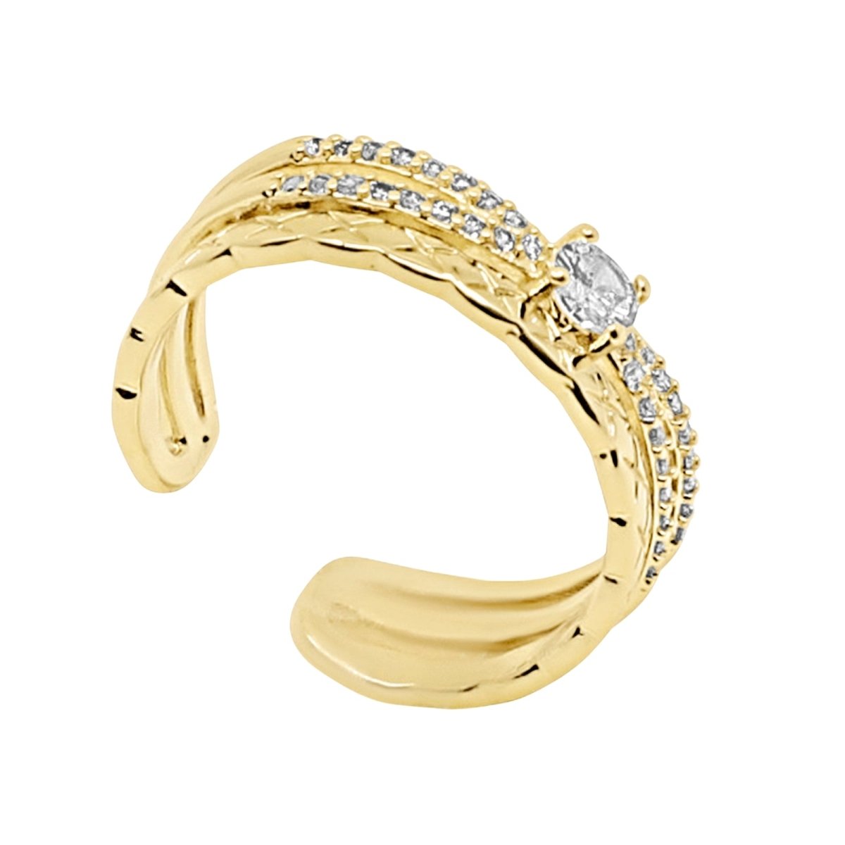 Gold kouvr ring with diamond accents on a white background