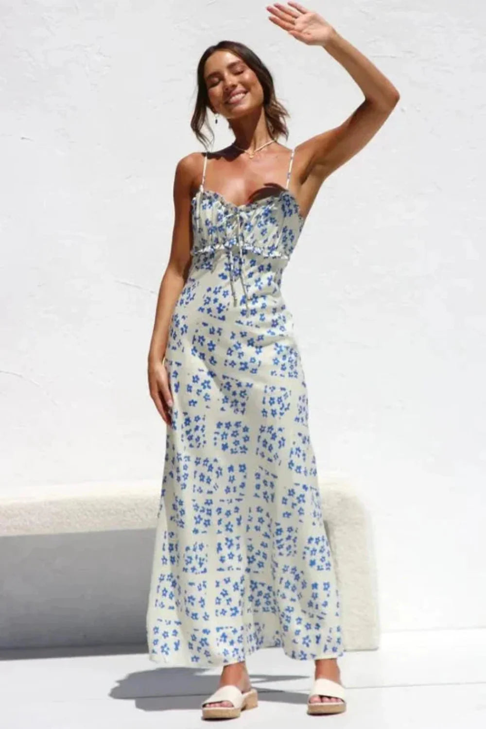 A-line silhouette, spaghetti straps, lightweight, breathable fabric, romantic, slip dress, sundress