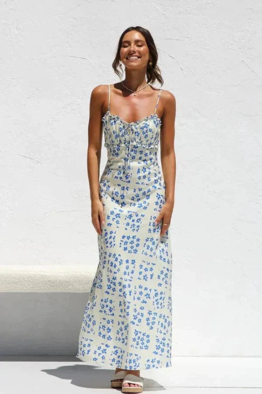 A-line silhouette, spaghetti straps, lightweight, breathable fabric, romantic, slip dress, sundress