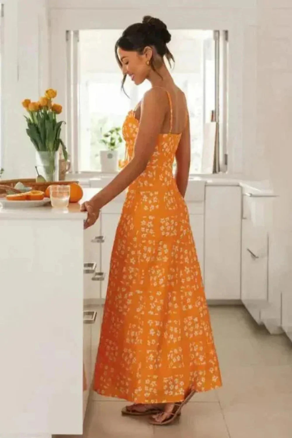 ruched bodice, tie-front detail, lightweight, breathable, adjustable straps