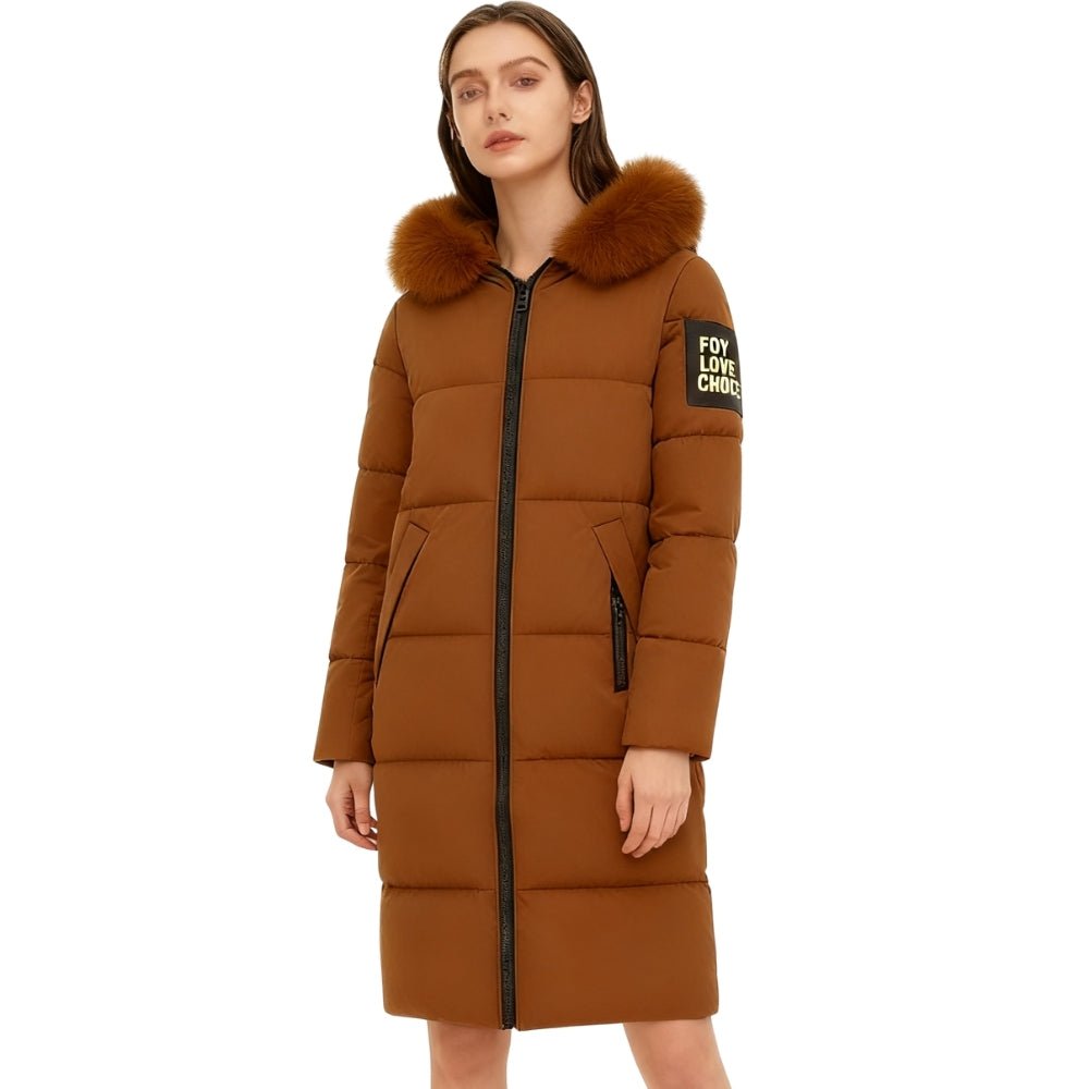 longline winter jacket," "insulated outerwear," "heavy winter coat," "hooded puffer jacket," "warmest winter parka," and "caramel puffer coat