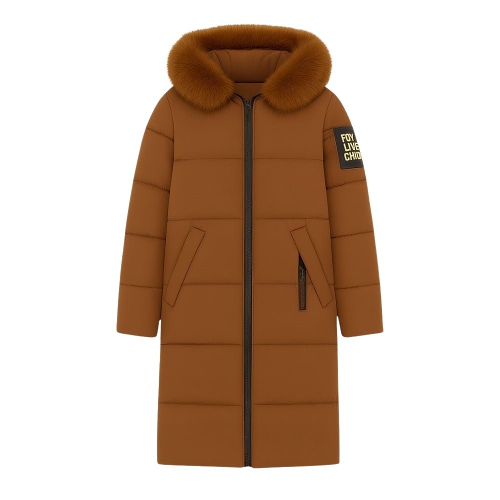 longline winter jacket," "insulated outerwear," "heavy winter coat," "hooded puffer jacket," "warmest winter parka," and "caramel puffer coat