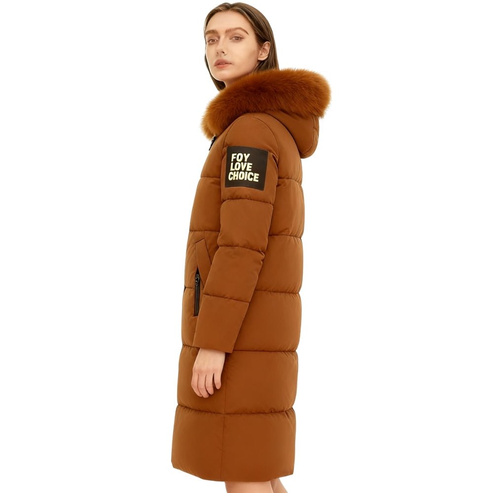 longline winter jacket," "insulated outerwear," "heavy winter coat," "hooded puffer jacket," "warmest winter parka," and "caramel puffer coat