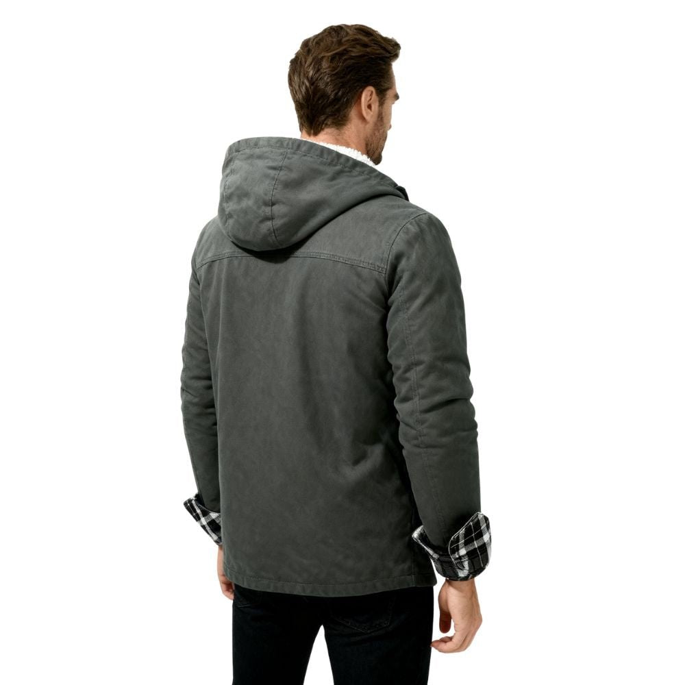 Man wearing a grey kouvr hooded jacket on a white background