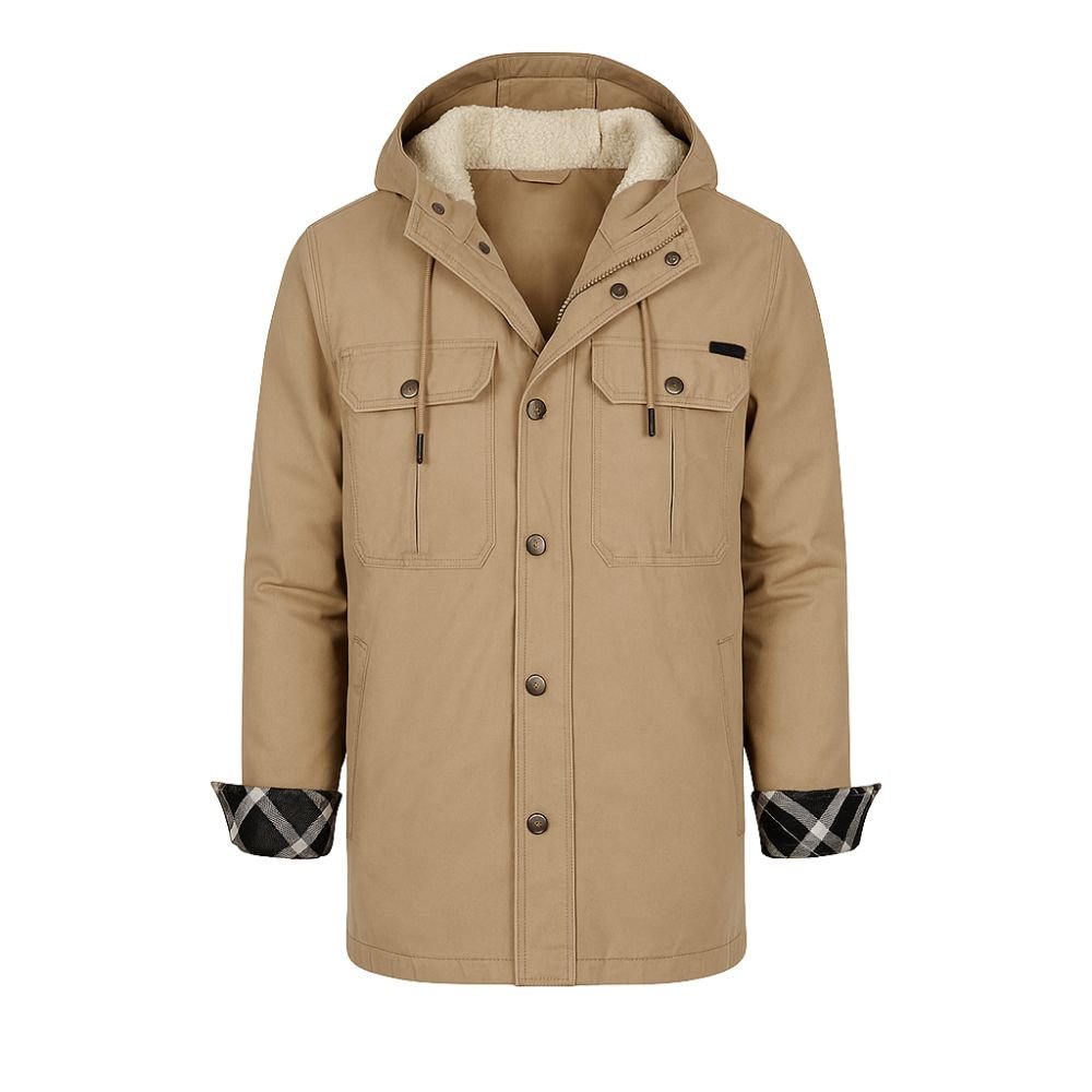 Khaki kouvr winter coat with plaid cuffs on a white background