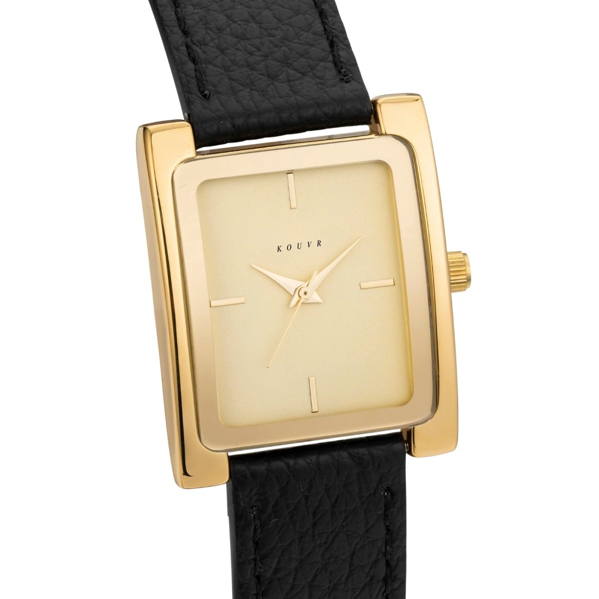 Gold Kouvr framed watch with black leather strap on a white background