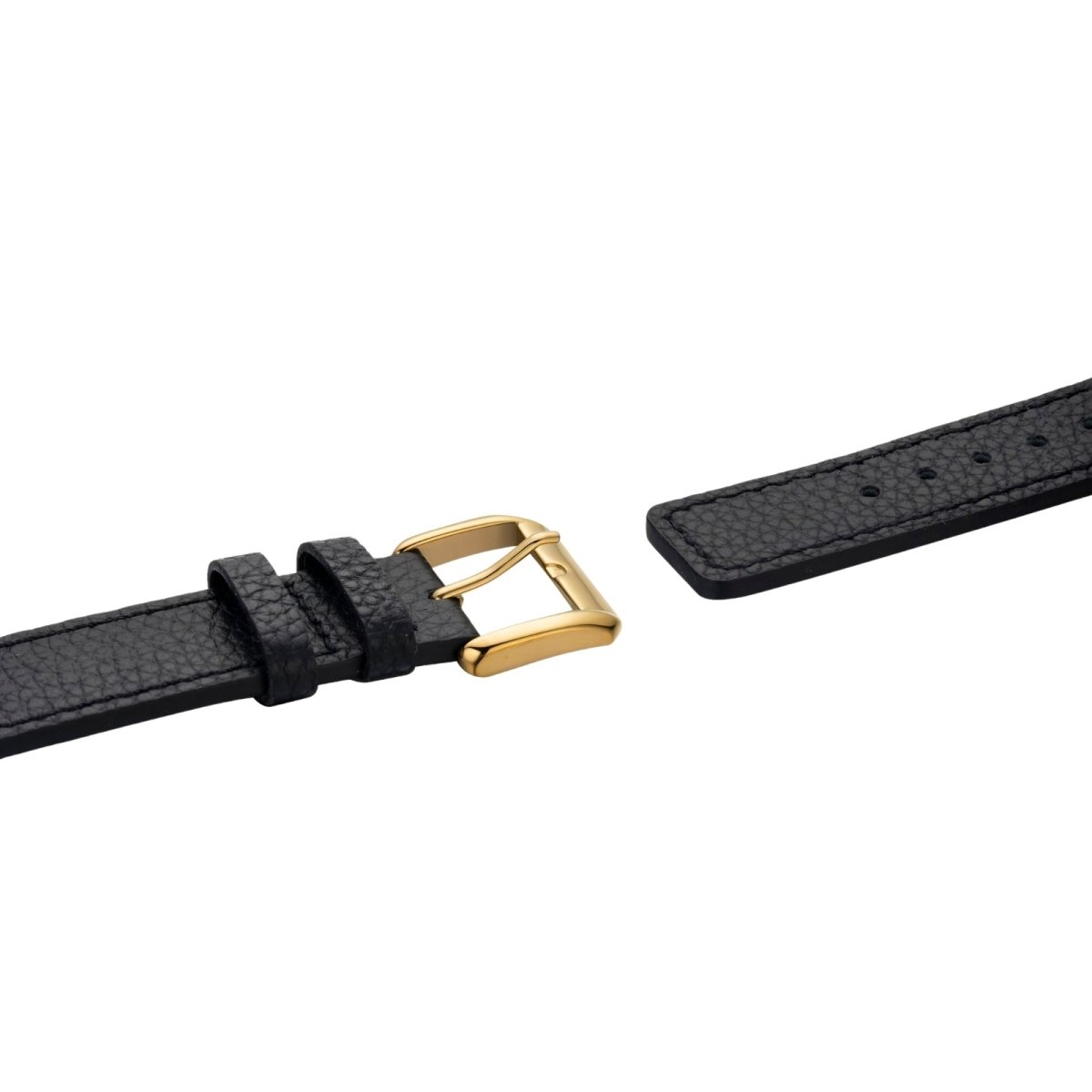 Black leather Kouvr watch strap with gold buckle on a white background